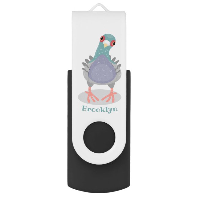 Funny curious pigeon cartoon illustration flash drive (Front Vertical)