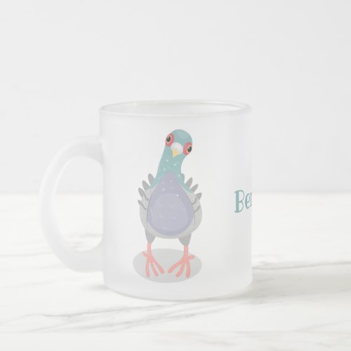 Funny curious pigeon cartoon illustration frosted glass coffee mug