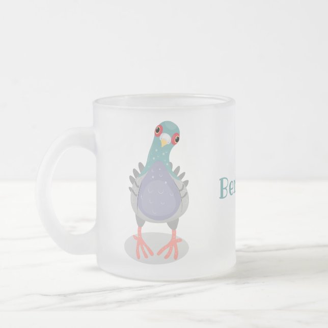 Funny curious pigeon cartoon illustration frosted glass coffee mug (Left)