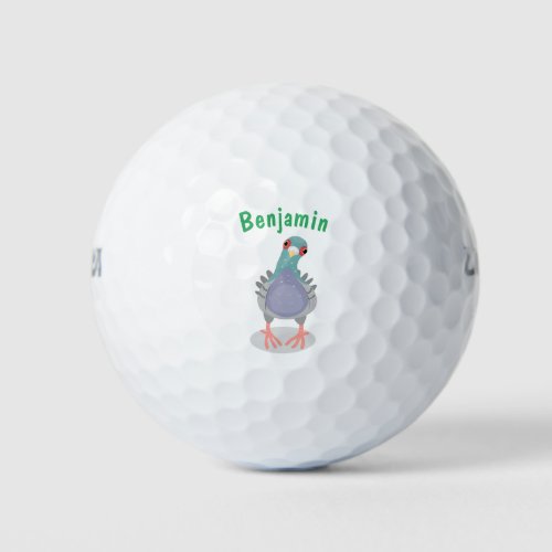 Funny curious pigeon cartoon illustration golf balls