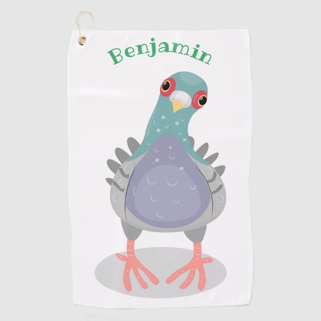 Funny curious pigeon cartoon illustration  golf towel (Front)