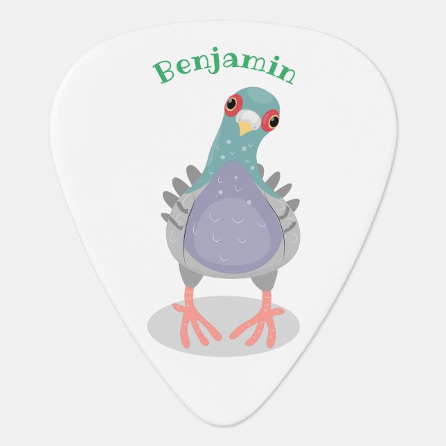 Funny curious pigeon cartoon illustration  guitar pick (Front)