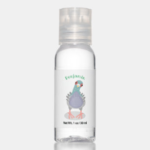 Funny curious pigeon cartoon illustration hand sanitizer