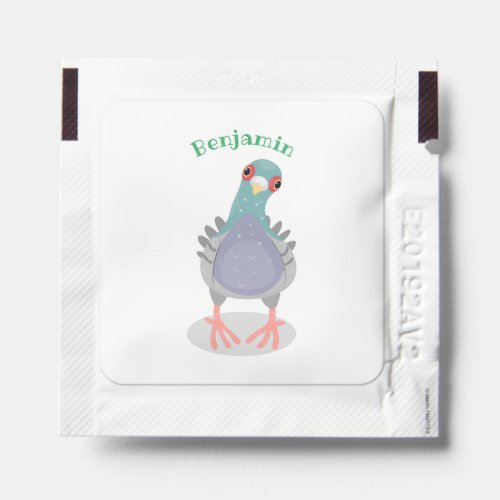 Funny curious pigeon cartoon illustration hand sanitizer packet