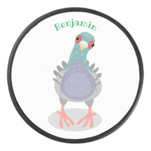 Funny curious pigeon cartoon illustration hockey puck