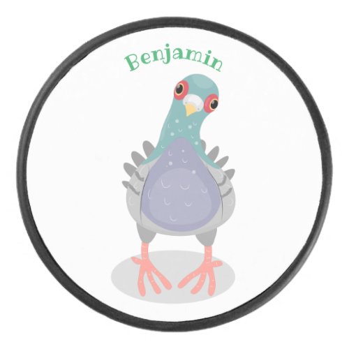 Funny curious pigeon cartoon illustration hockey puck