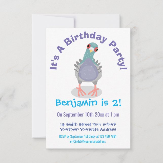 Funny curious pigeon cartoon illustration invitation (Front)