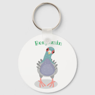 Funny curious pigeon cartoon illustration keychain