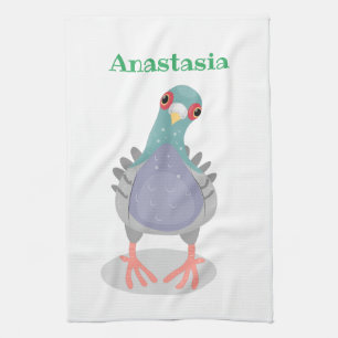 Funny curious pigeon cartoon illustration kitchen towel