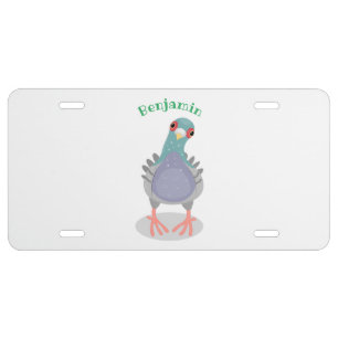 Funny curious pigeon cartoon illustration license plate