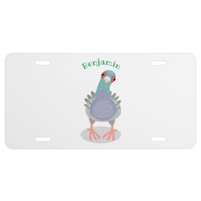 Funny curious pigeon cartoon illustration license plate (Front)