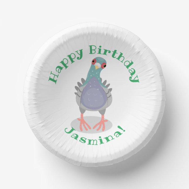Funny curious pigeon cartoon illustration paper bowls (Front)