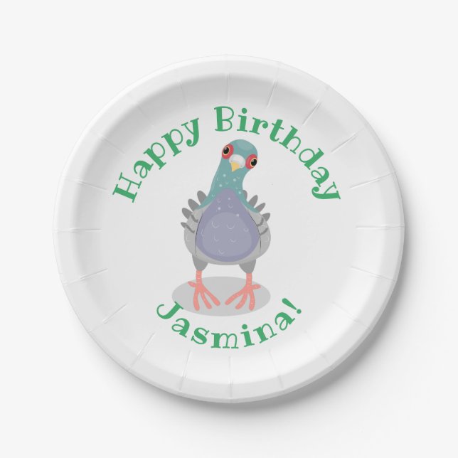 Funny curious pigeon cartoon illustration paper plates (Front)