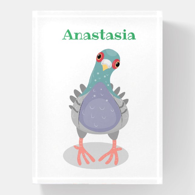 Funny curious pigeon cartoon illustration paperweight (Vertical)