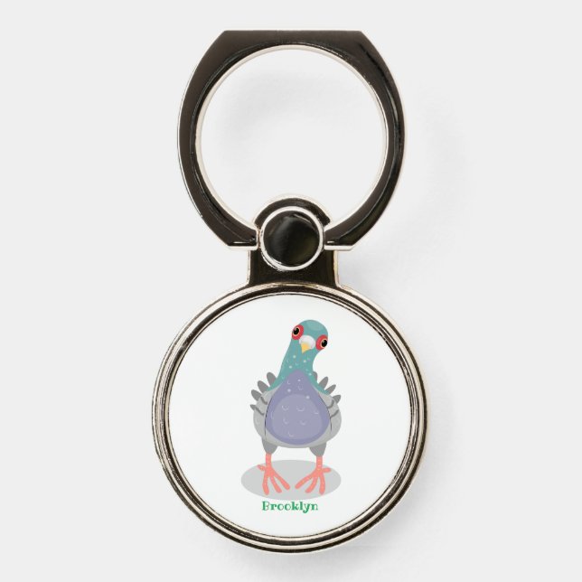Funny curious pigeon cartoon illustration phone ring stand (Front)