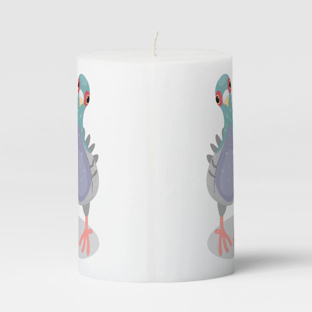 Funny curious pigeon cartoon illustration pillar candle (Back)