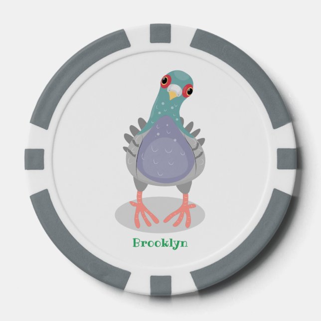 Funny curious pigeon cartoon illustration poker chips (Front)