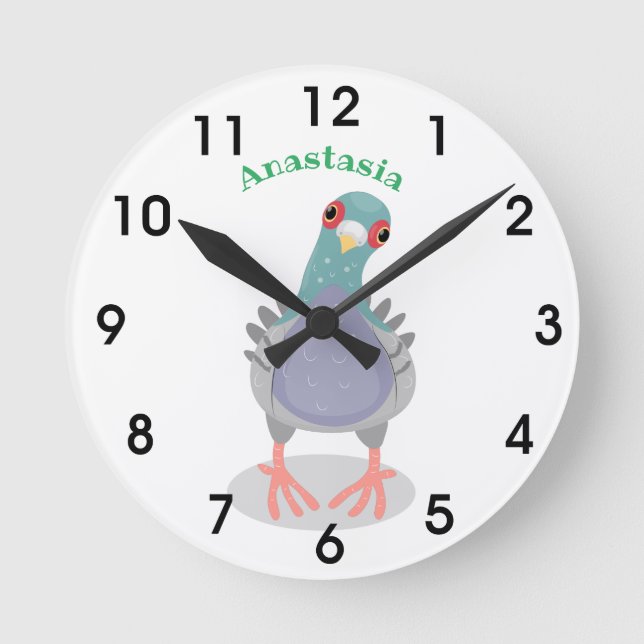 Funny curious pigeon cartoon illustration round clock (Front)