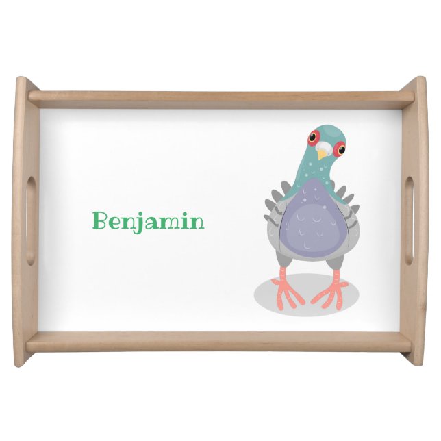 Funny curious pigeon cartoon illustration serving tray (Front)