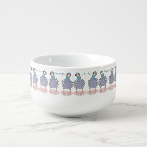 Funny curious pigeon cartoon illustration soup mug