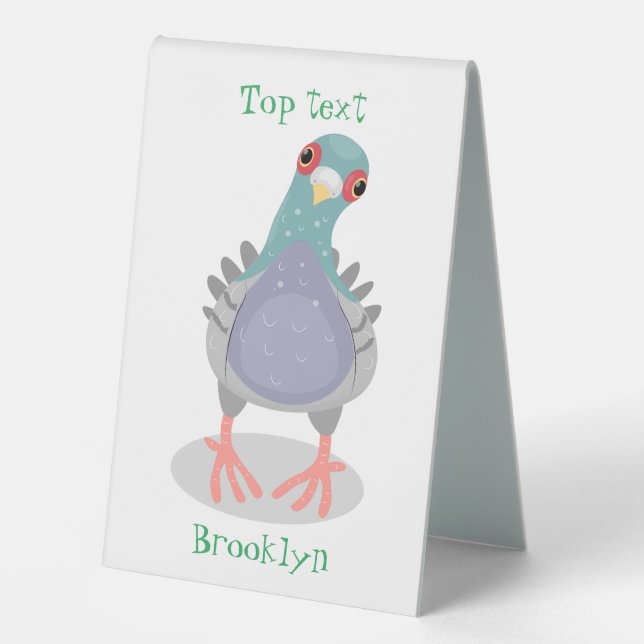 Funny curious pigeon cartoon illustration table tent (Front)