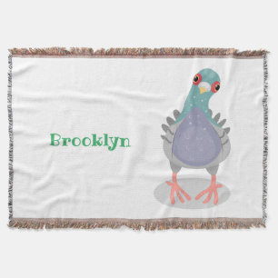 Funny curious pigeon cartoon illustration throw blanket