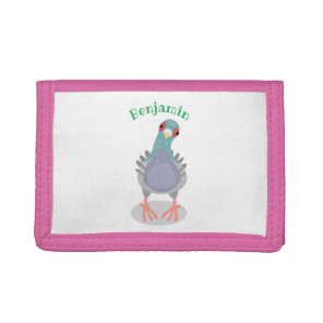 Funny curious pigeon cartoon illustration tri-fold wallet