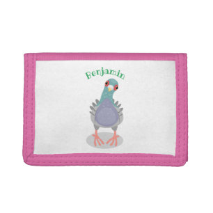 Funny curious pigeon cartoon illustration trifold wallet