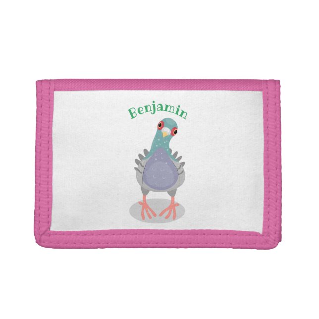 Funny curious pigeon cartoon illustration trifold wallet (Front)