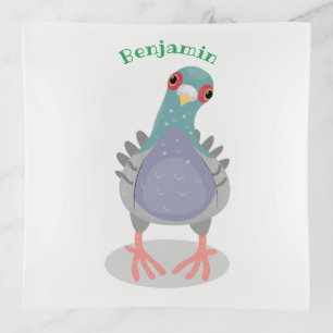 Funny curious pigeon cartoon illustration trinket tray