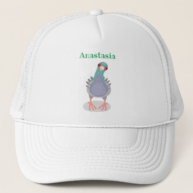 Funny curious pigeon cartoon illustration trucker hat (Front)