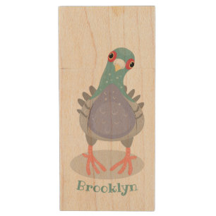 Funny curious pigeon cartoon illustration wood flash drive