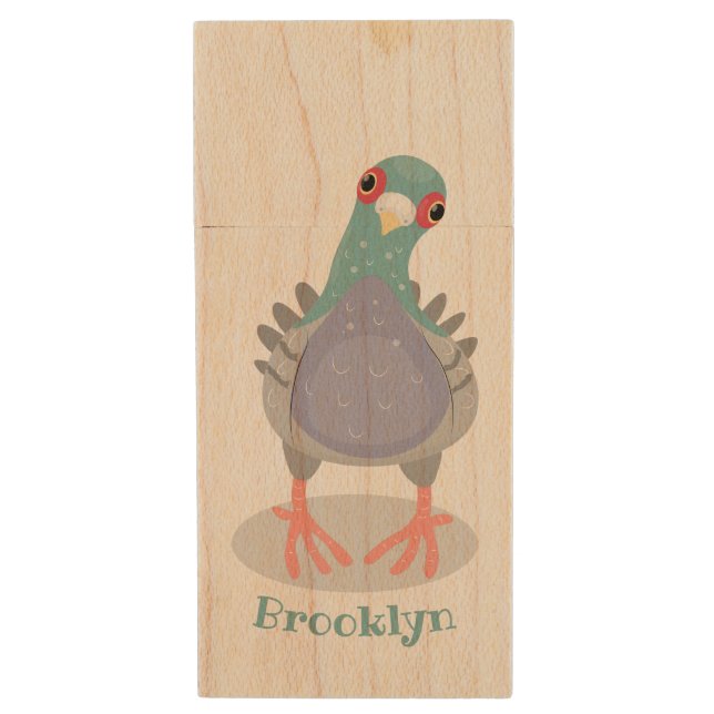Funny curious pigeon cartoon illustration wood flash drive (Front Vertical)
