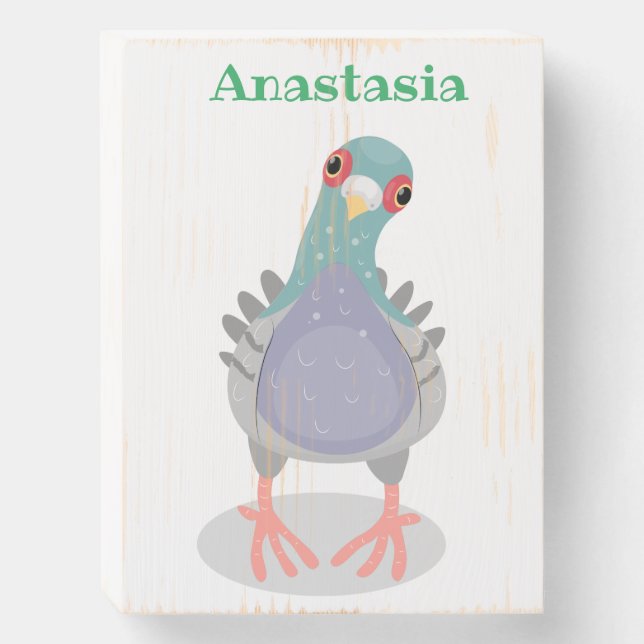 Funny curious pigeon cartoon illustration wooden box sign (Front Vertical)