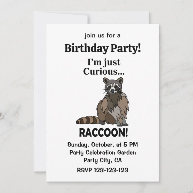 Funny Curious Raccoon Birthday Party Invitation (Front)
