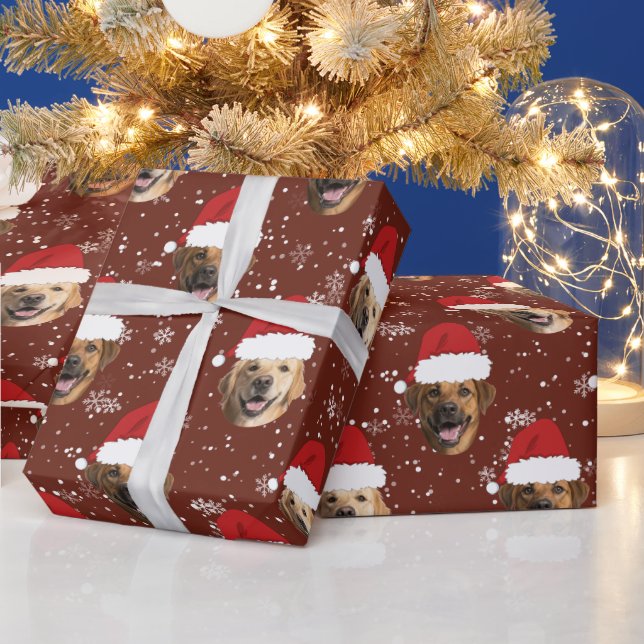Funny Custom 3 Dog Faces Christmas Santa Hats Wrapping Paper (Holidays)