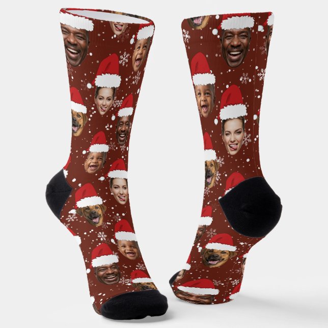 Funny Custom 4 Faces Christmas Santa Hats Socks (Angled)