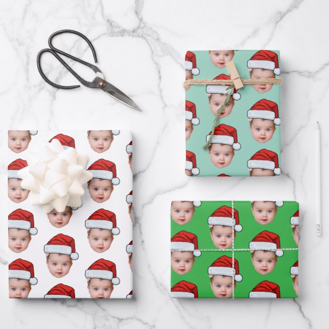 Funny Custom Baby Face Photo Santa Head  Wrapping Paper Sheets (Front)