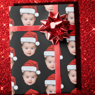 Funny Custom Baby Face Photo Santa Head Xmas Black Wrapping Paper