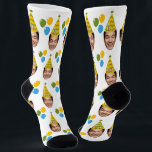 Funny Custom Birthday Face with Party Hat Socks<br><div class="desc">Celebrate in style with this funny custom birthday design, featuring your chosen face wearing a colorful party hat and surrounded by bright balloons. Personalize it by replacing the sample image with the birthday person’s photo and updating the hat with their age for a truly one-of-a-kind gift. Perfect for milestone celebrations...</div>