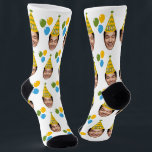 Funny Custom Birthday Face with Party Hat Socks<br><div class="desc">Celebrate in style with this funny custom birthday design, featuring your chosen face wearing a colorful party hat and surrounded by bright balloons. Personalize it by replacing the sample image with the birthday person’s photo and updating the hat with their age for a truly one-of-a-kind gift. Perfect for milestone celebrations...</div>