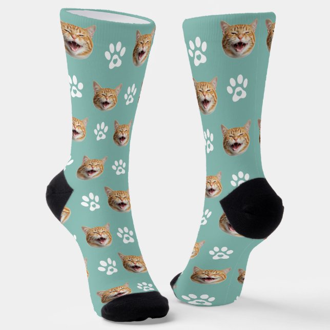 Funny Custom Cat Photo with Paw Pattern Turquoise Socks (Angled)