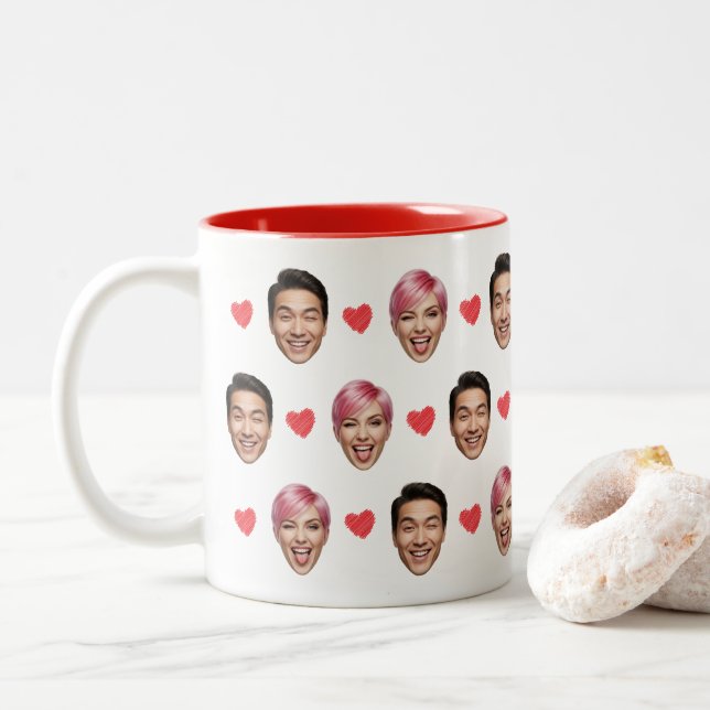 Funny Custom Couple Faces Pattern Red Hearts Two-Tone Coffee Mug (With Donut)