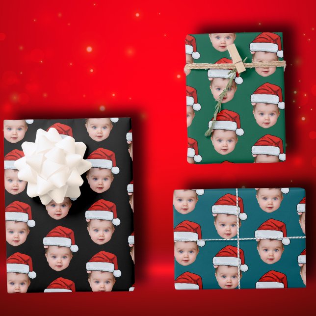 Funny Custom Cute Baby Face Photo Santa Head Xmas Wrapping Paper Sheets (Creator Uploaded)