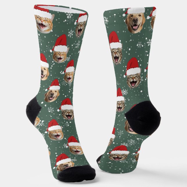 Funny Custom Dog Cat 3 Faces Christmas Santa Hats Socks (Angled)