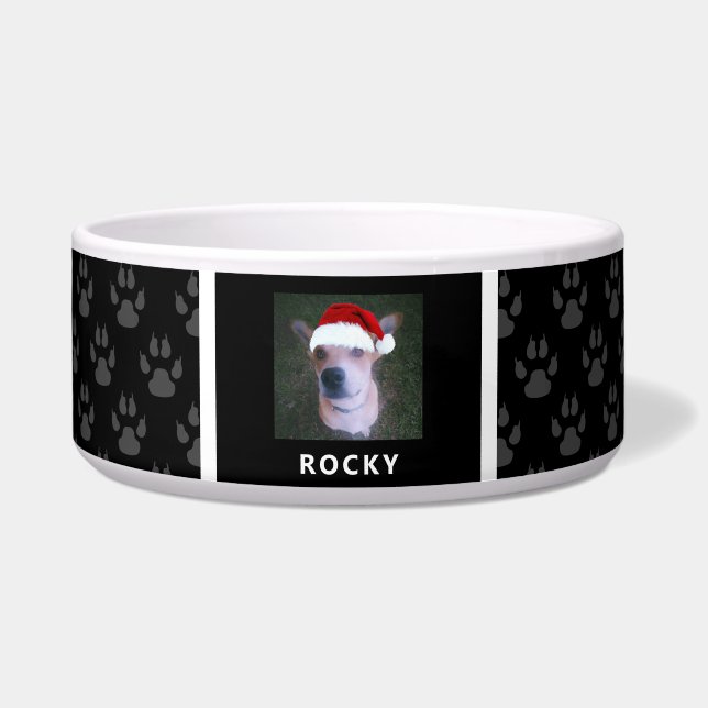 Funny Custom Dog Photo Black Paw Prints Monogram Bowl (Front)