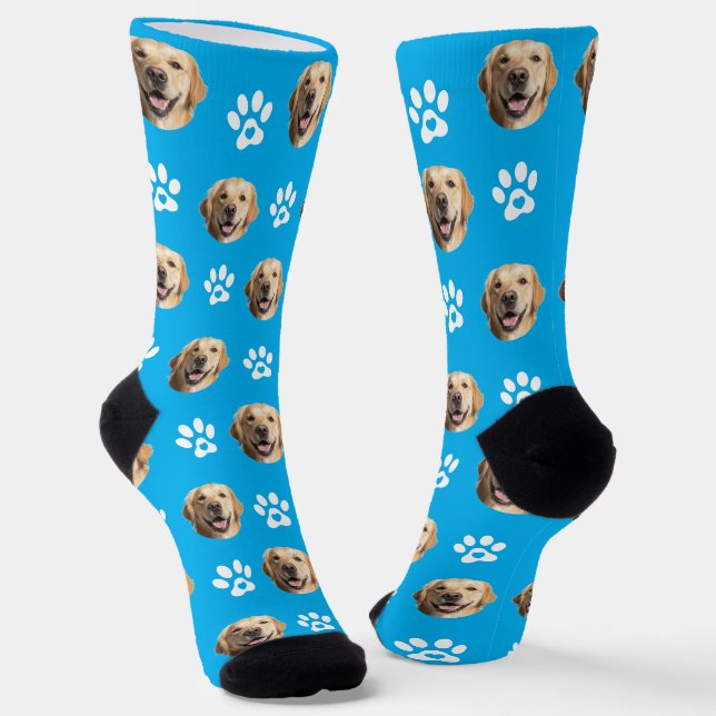 Funny Custom Dog Photo with Paw Pattern Blue Socks (Angled)