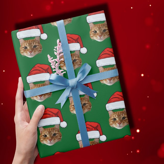 Funny Custom Face Cat Photo Santa Hat Christmas Wrapping Paper (Creator Uploaded)