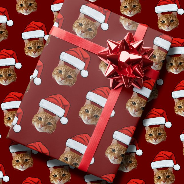 Funny Custom Face Cat Photo Santa Hat Christmas Wrapping Paper (Creator Uploaded)