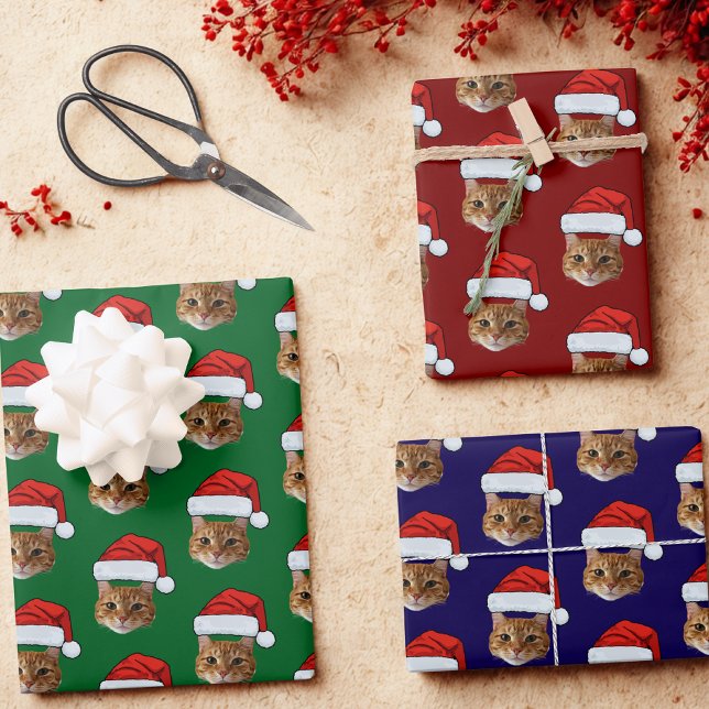 Funny Custom Face Cat Photo Santa Hat Christmas Wrapping Paper Sheets (Creator Uploaded)